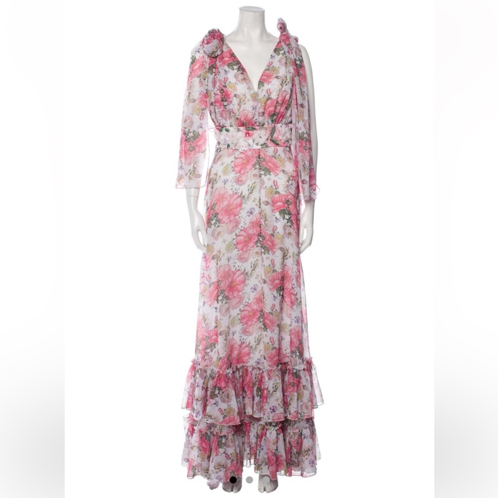 Mac Duggal SOFT TIE SLEEVELESS V NECK TIERED A LINE GOWN Floral Dress Size XL
